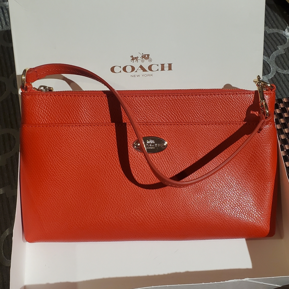 Coach Vibrant Orange Large Oversize Wristlet. Convertable Strap.